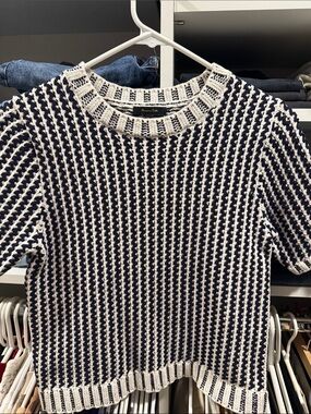 Massimo Dutti Navy & White Textured Short-Sleeve Knit